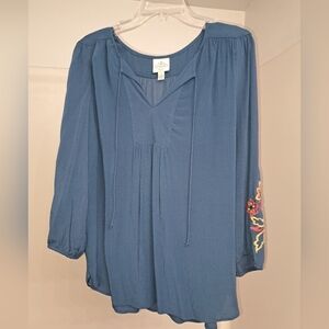 St. John's Bay Teal Blouse with Floral Embroidery